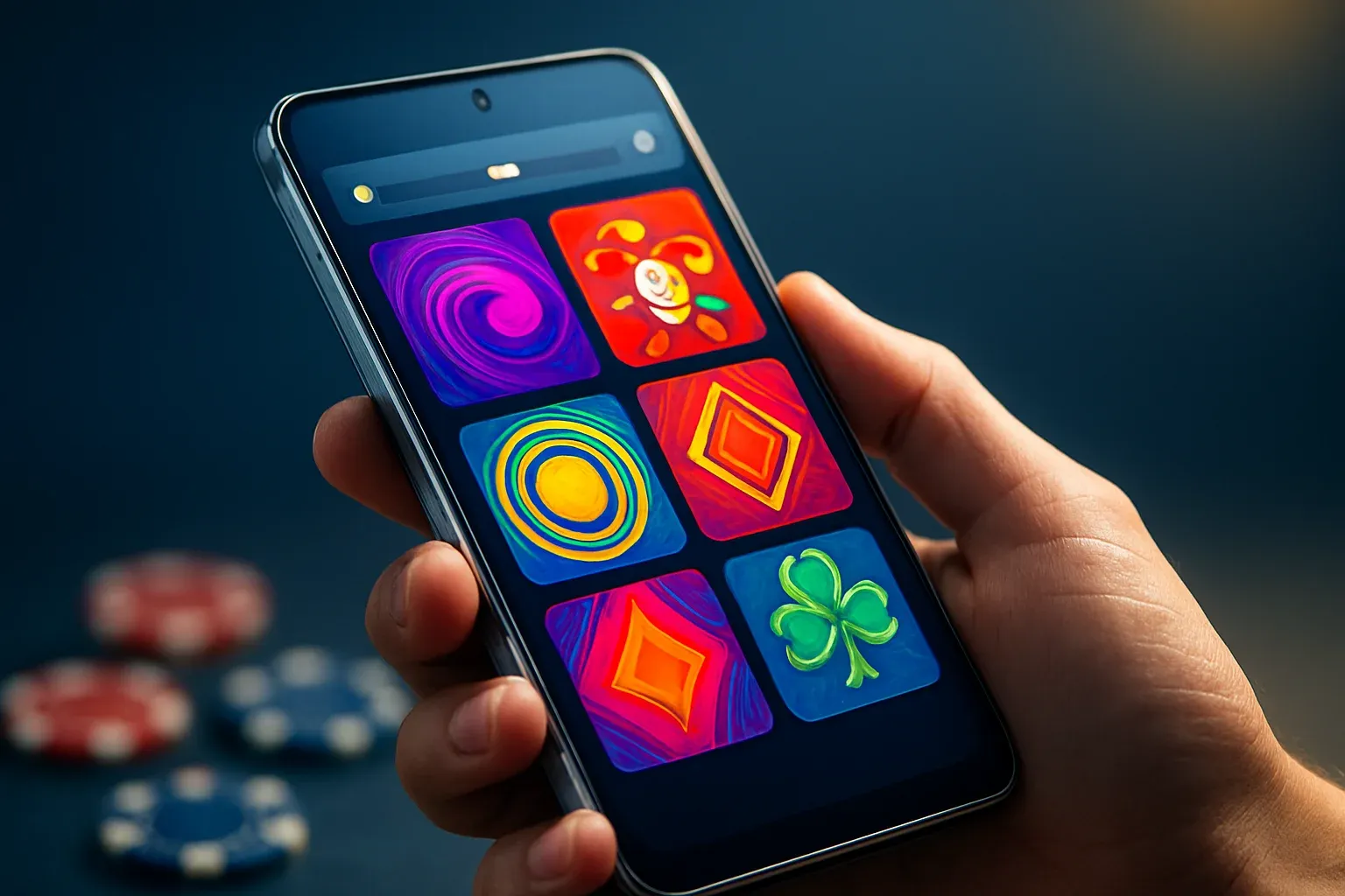 Hyperrealistic Android smartphone showing premium casino app interface, dramatic studio lighting