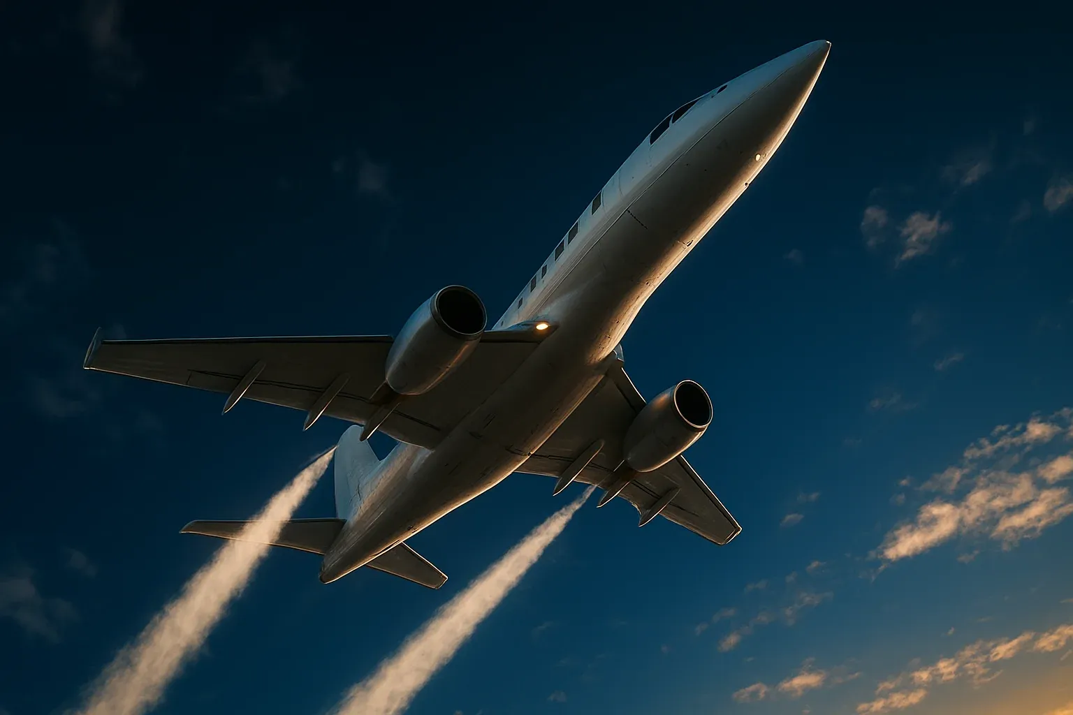 Hyperrealistic white jet climbing steeply in deep blue sky with trails