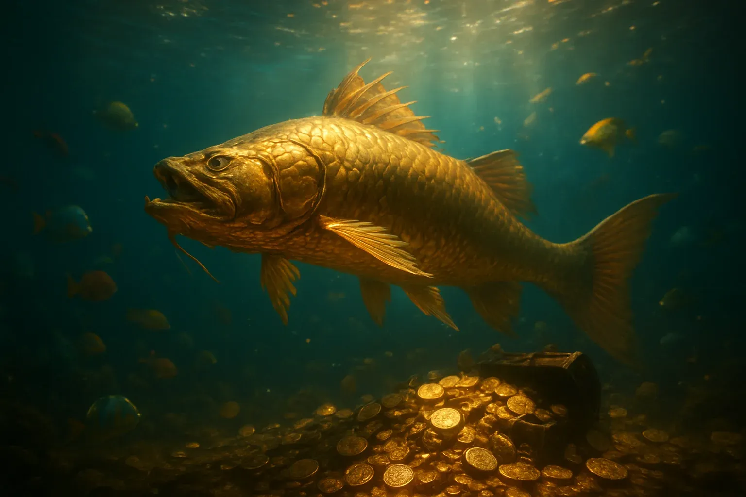 Hyperrealistic underwater golden dragon fish surrounded by glowing coins and treasure