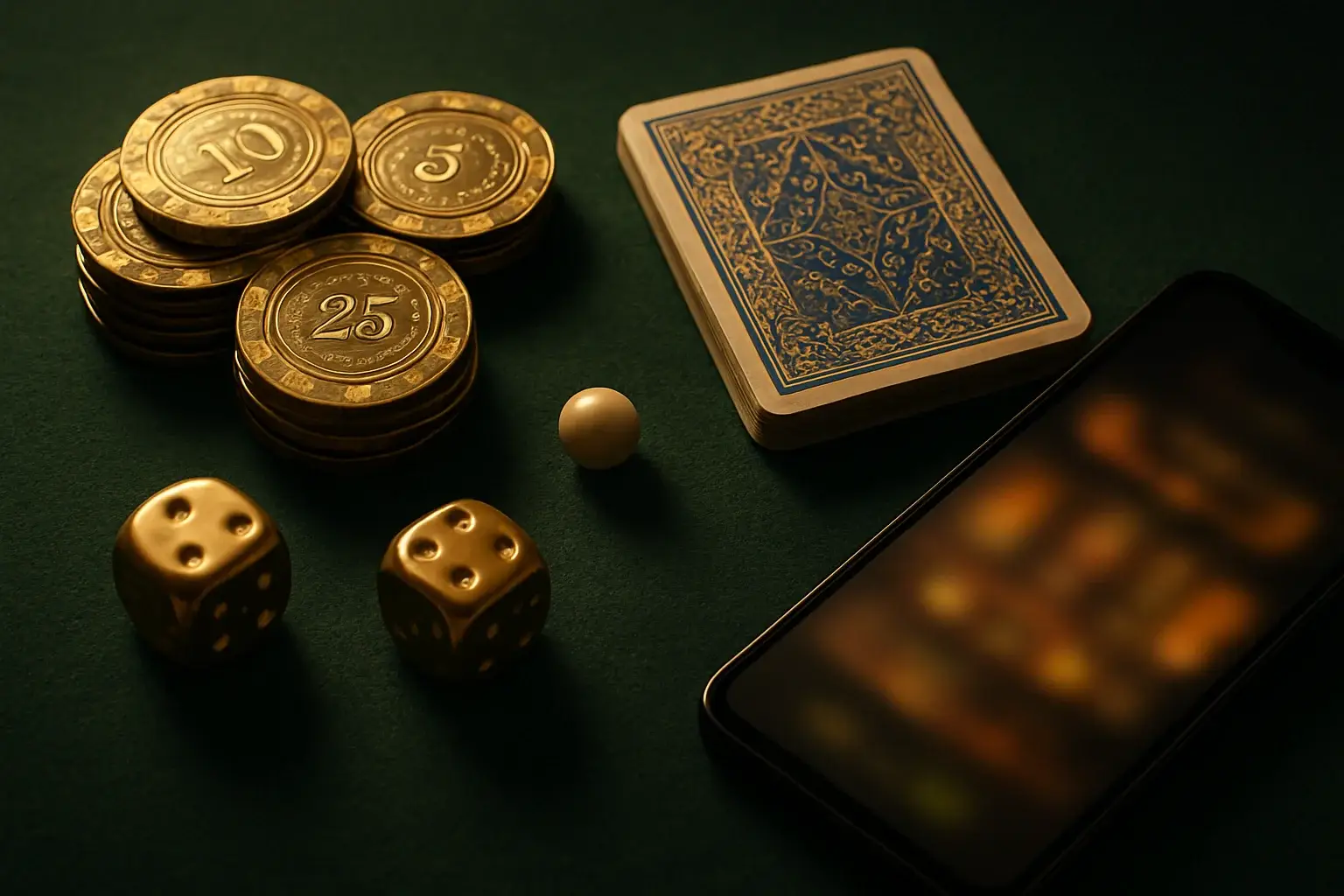 Top-down casino table with golden chips, cards, dice, roulette ball, smartphone