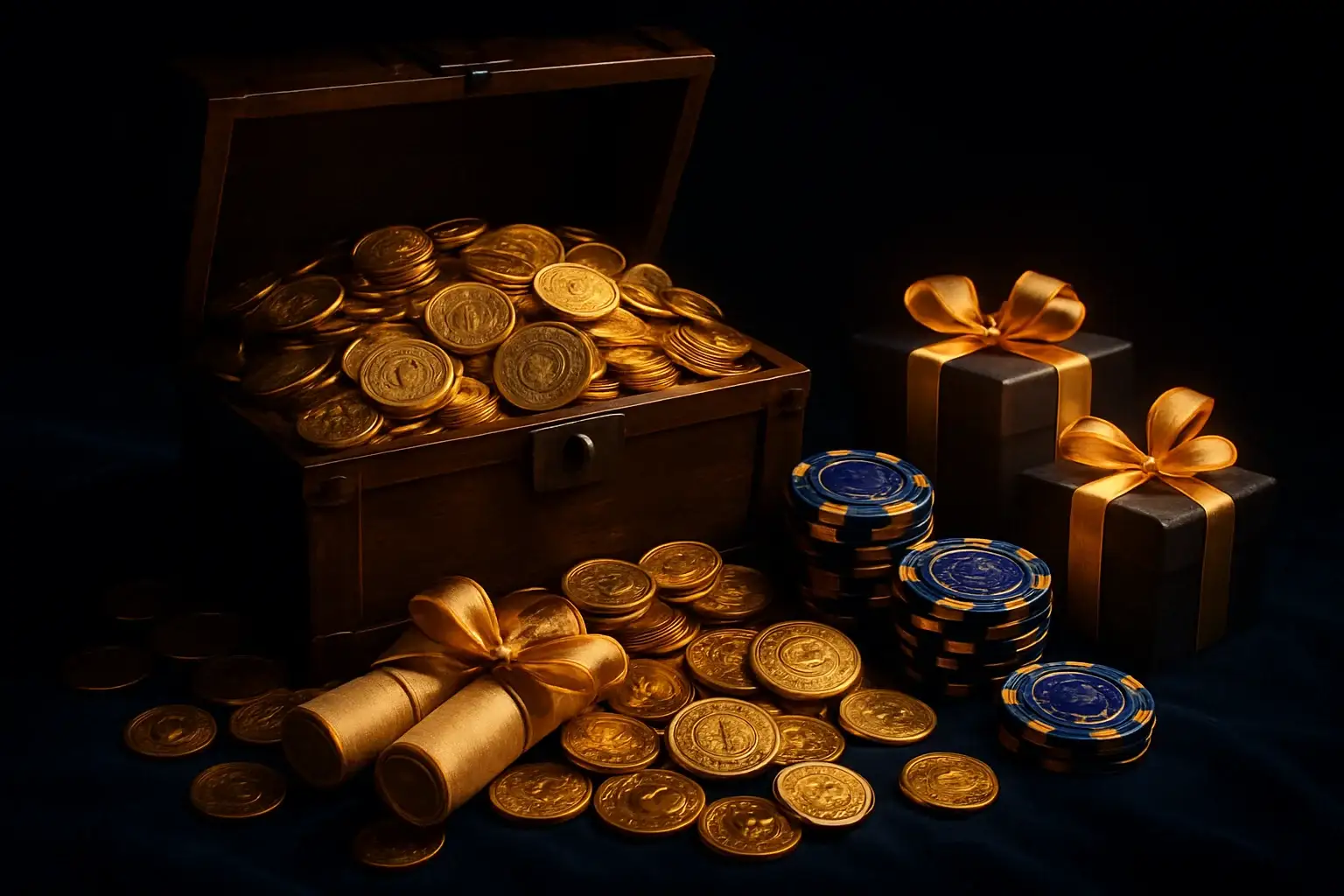 Overflowing treasure chest with gold coins, casino chips, vouchers, and gift boxes