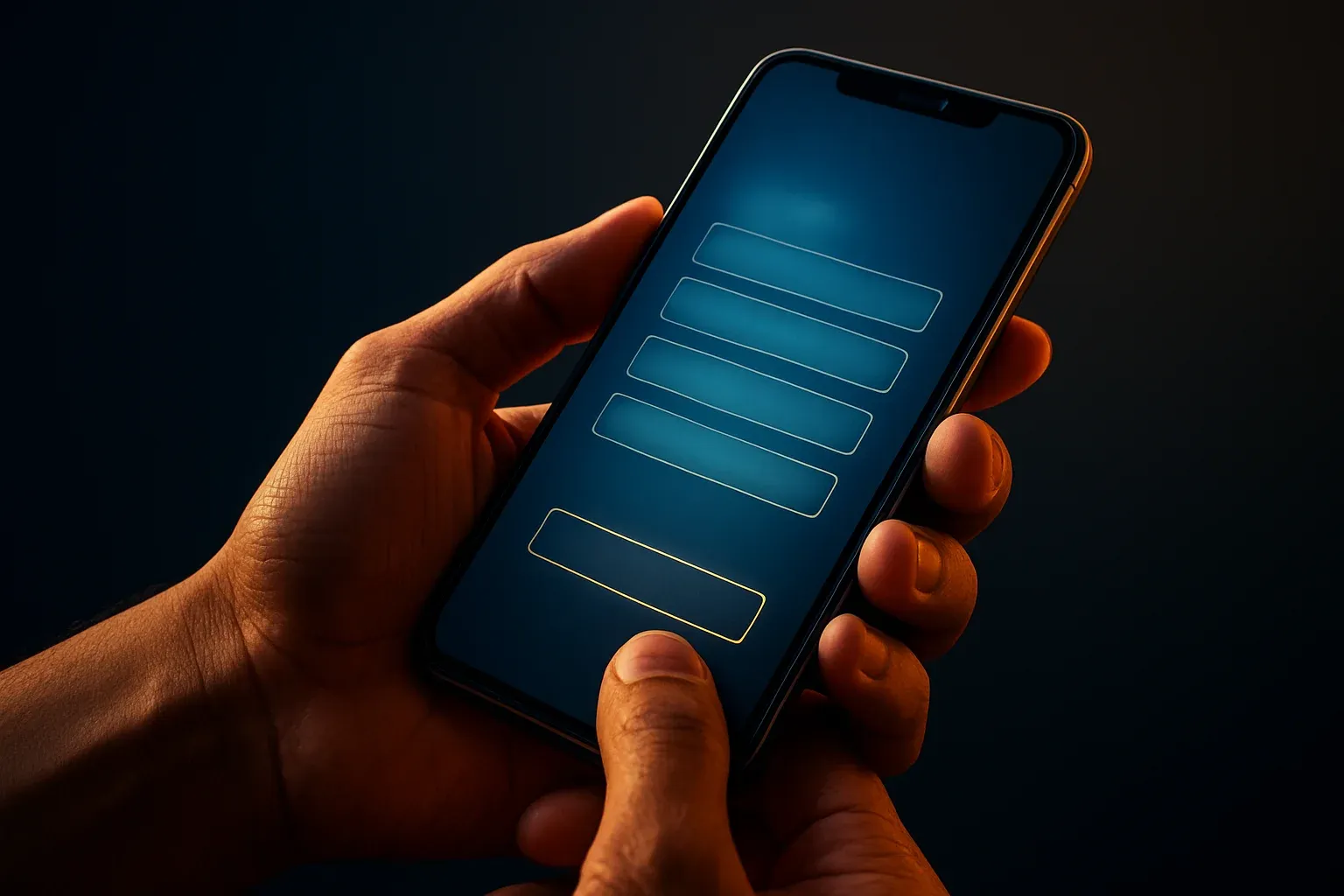 Filipino man hands holding smartphone with blurred registration screen, blue gold glow