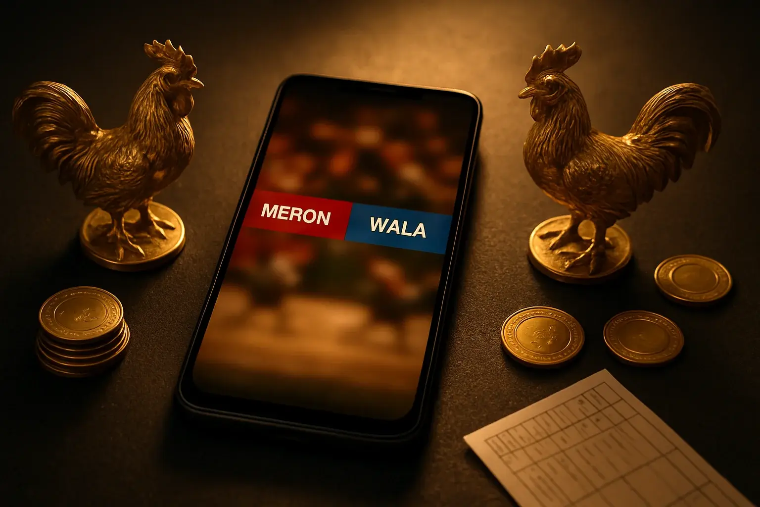 Smartphone sabong betting interface with golden roosters, peso coins, and casino chips