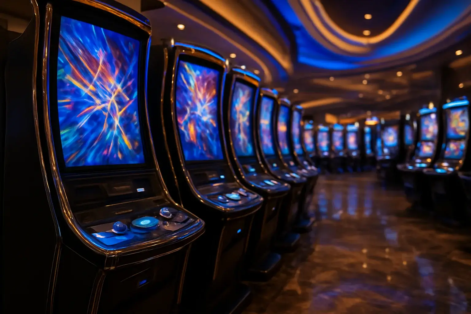 Hyperrealistic wide shot of premium Manila casino slots floor at night