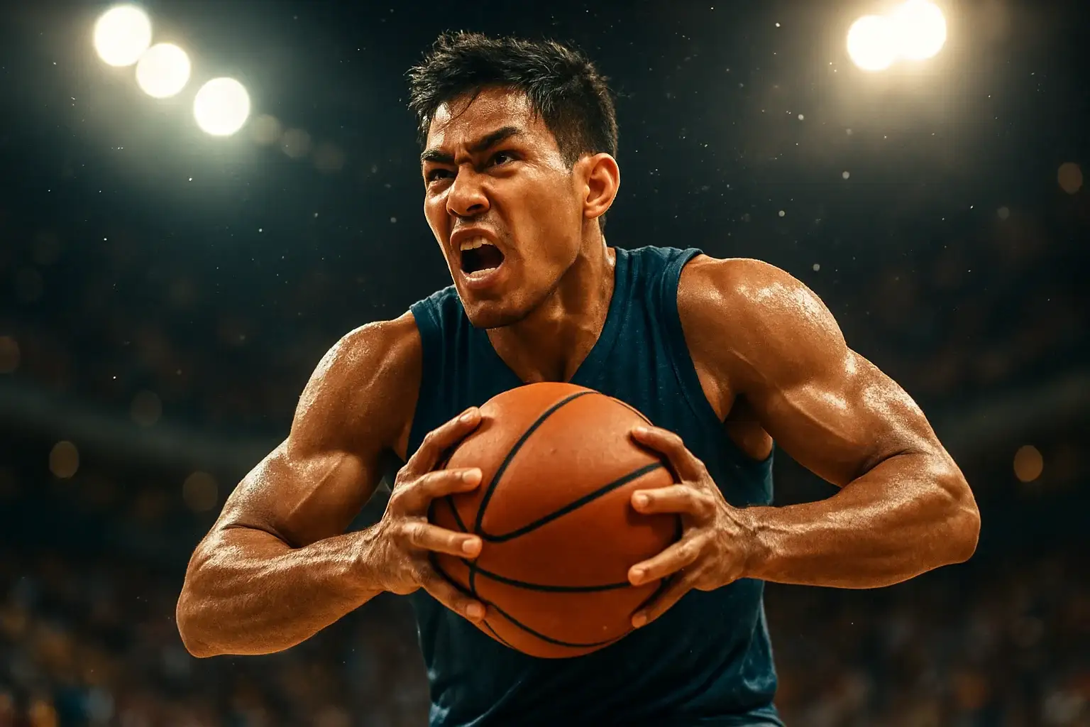 Filipino PBA basketball player mid-air driving to basket, dramatic lights